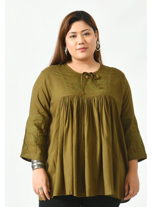 Olive Green Tie-Up Neck Top