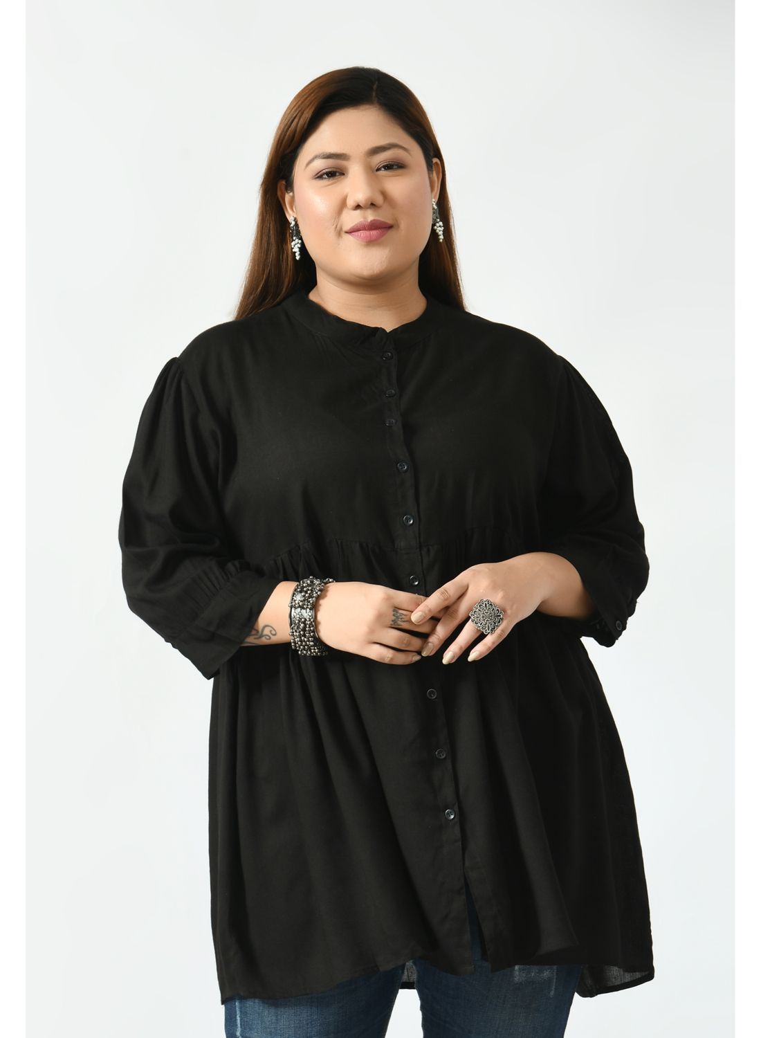 Black Mandarin Collar Shirt Style Top