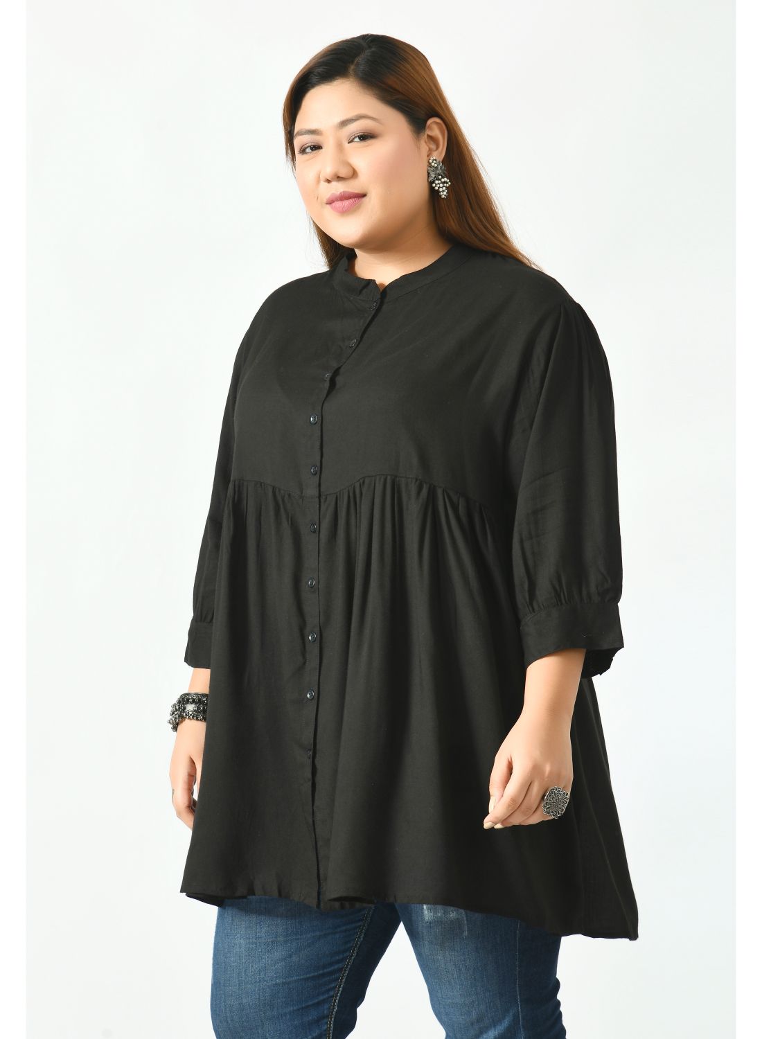 Black Mandarin Collar Shirt Style Top