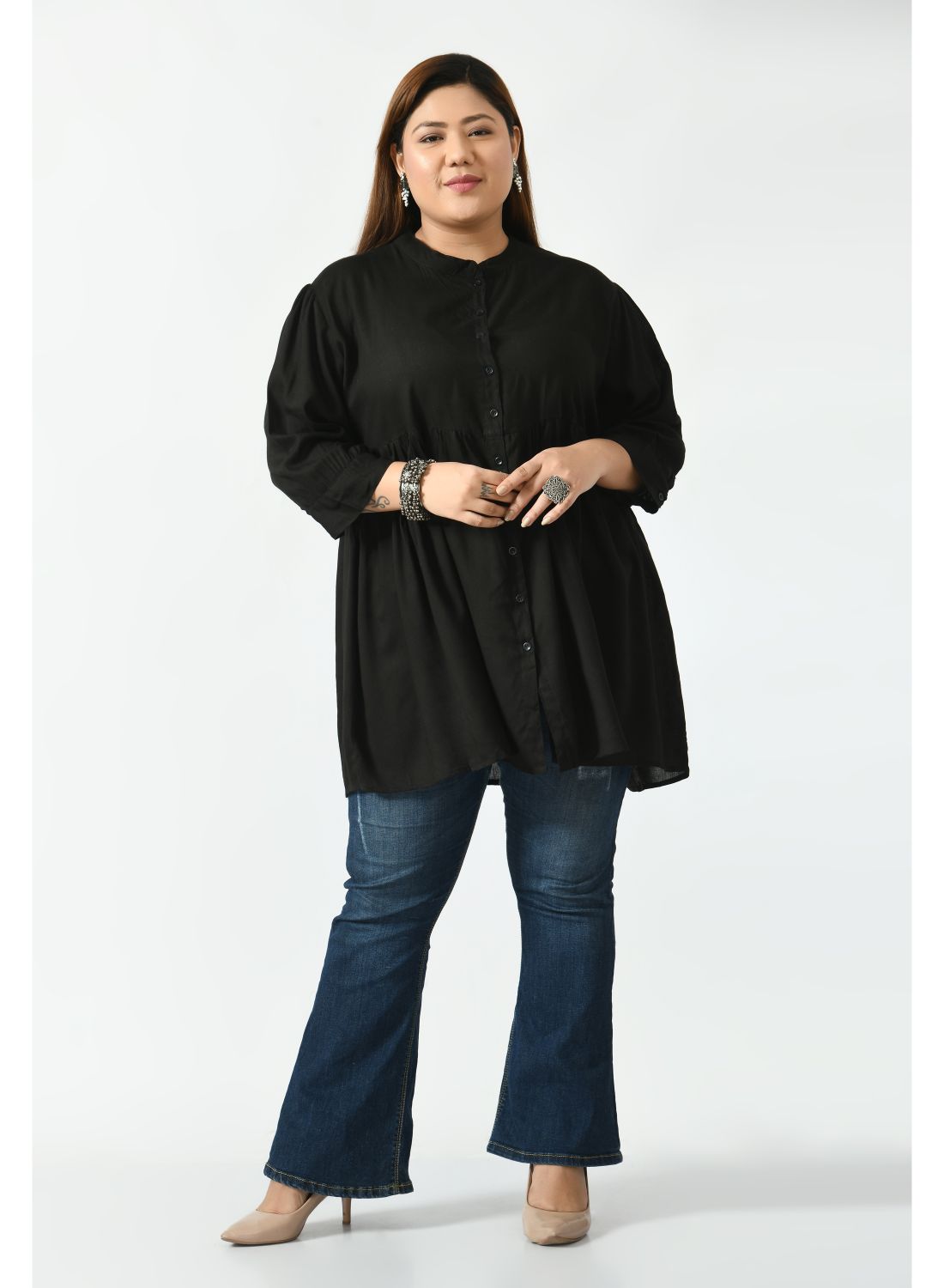 Black Mandarin Collar Shirt Style Top