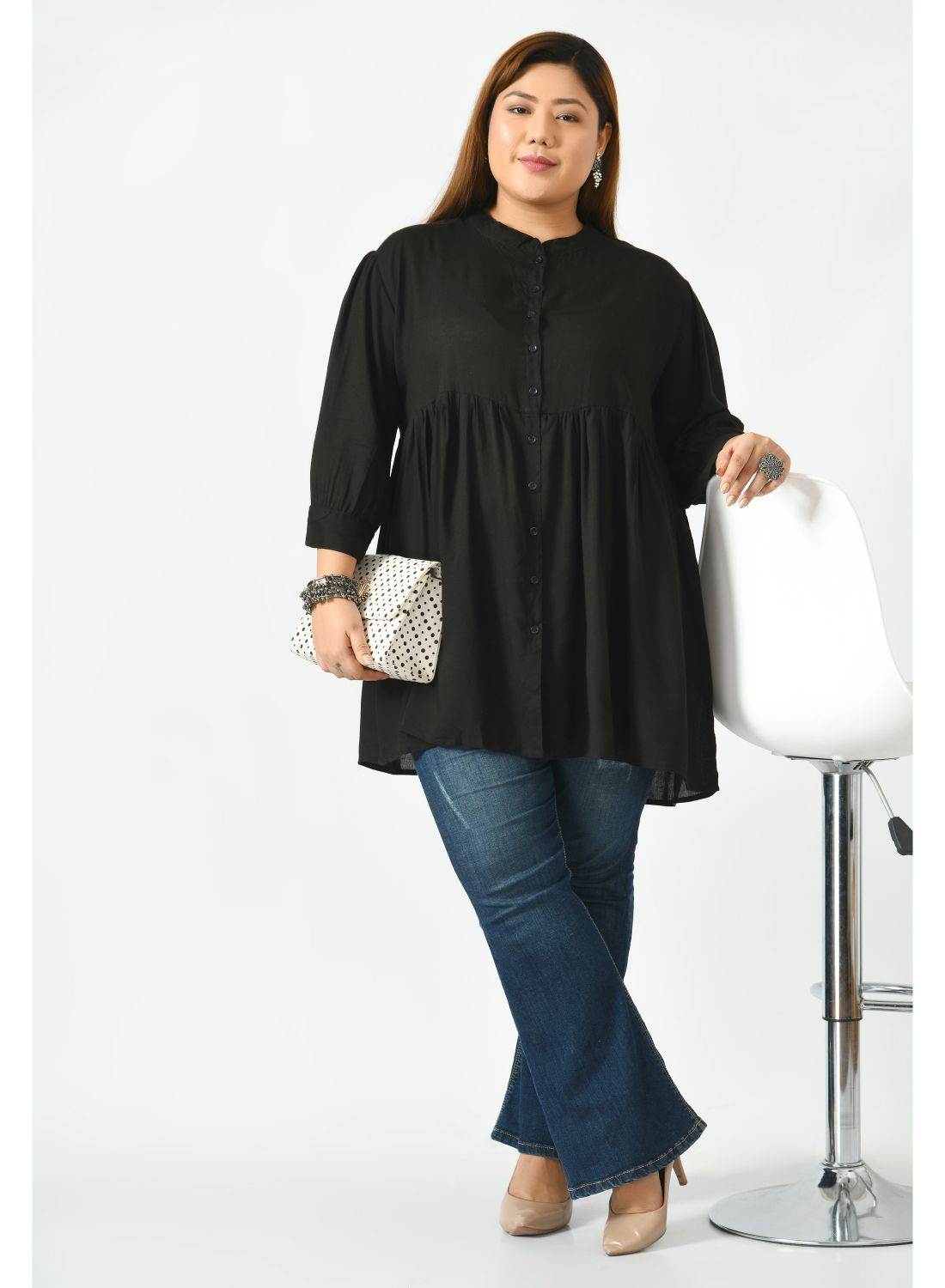 Black Mandarin Collar Shirt Style Top