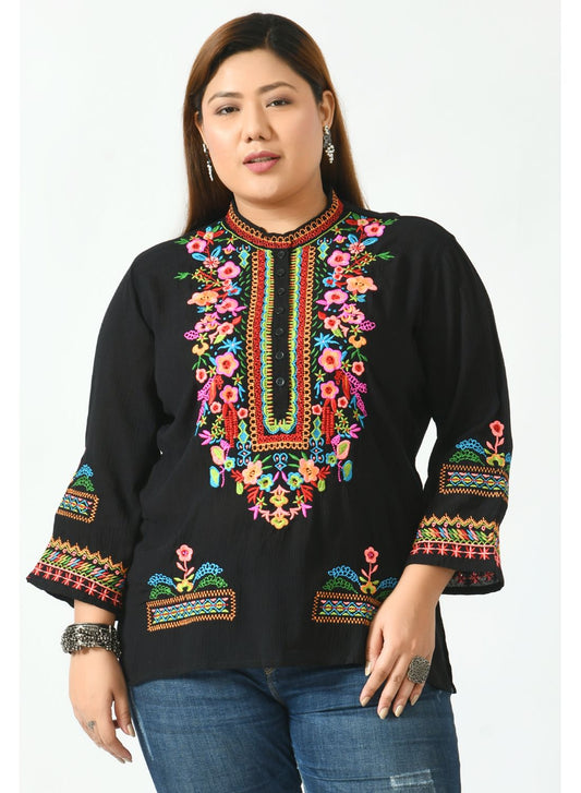 Black Floral Mandarin Collar Top