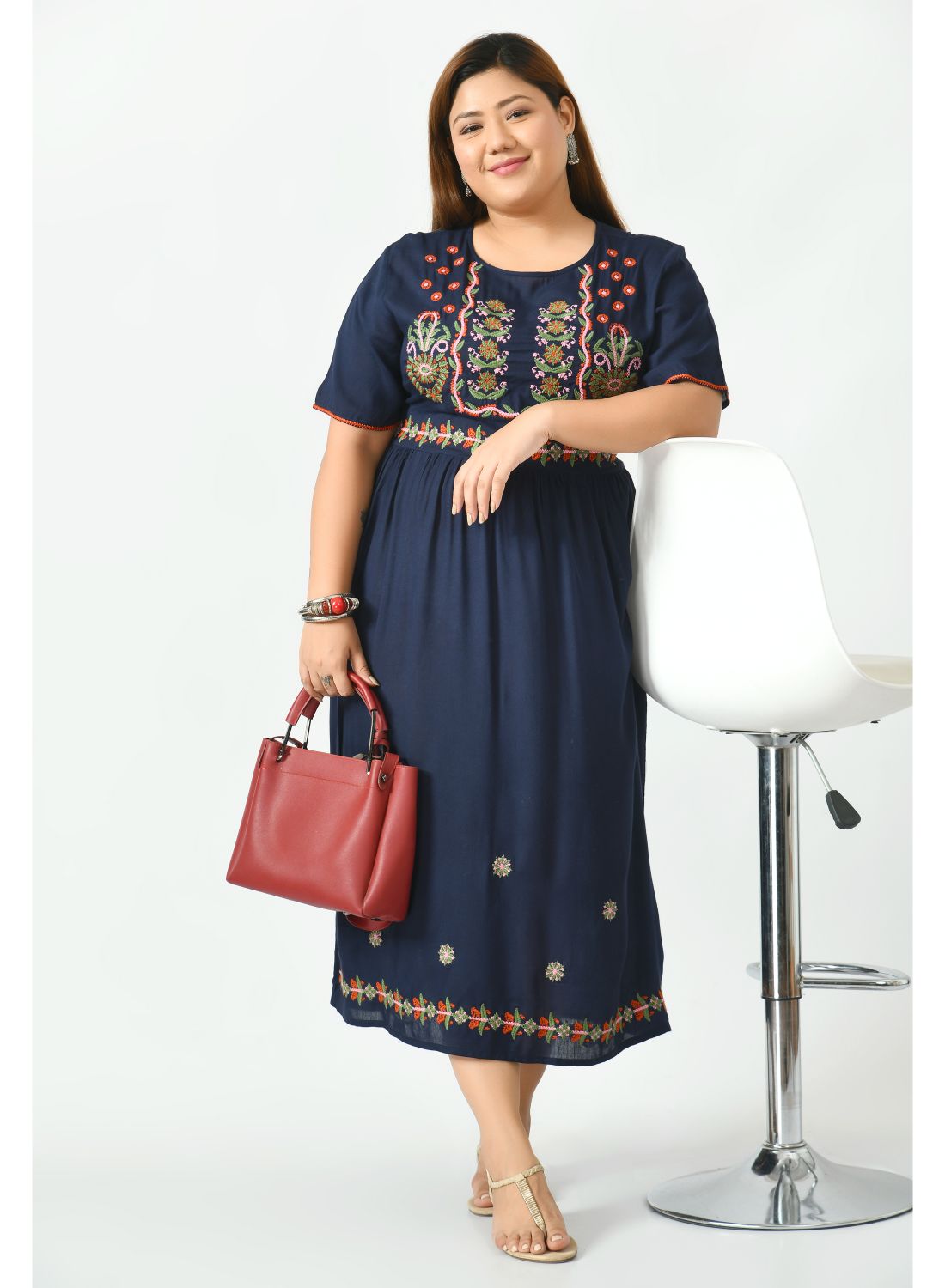 Blue Floral Embroidered Empire Midi Dress Plus Size