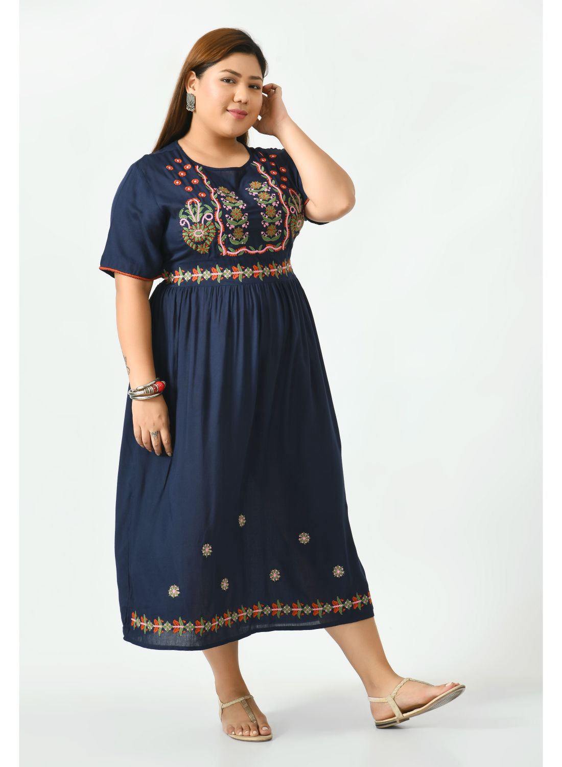 Blue Floral Embroidered Empire Midi Dress Plus Size