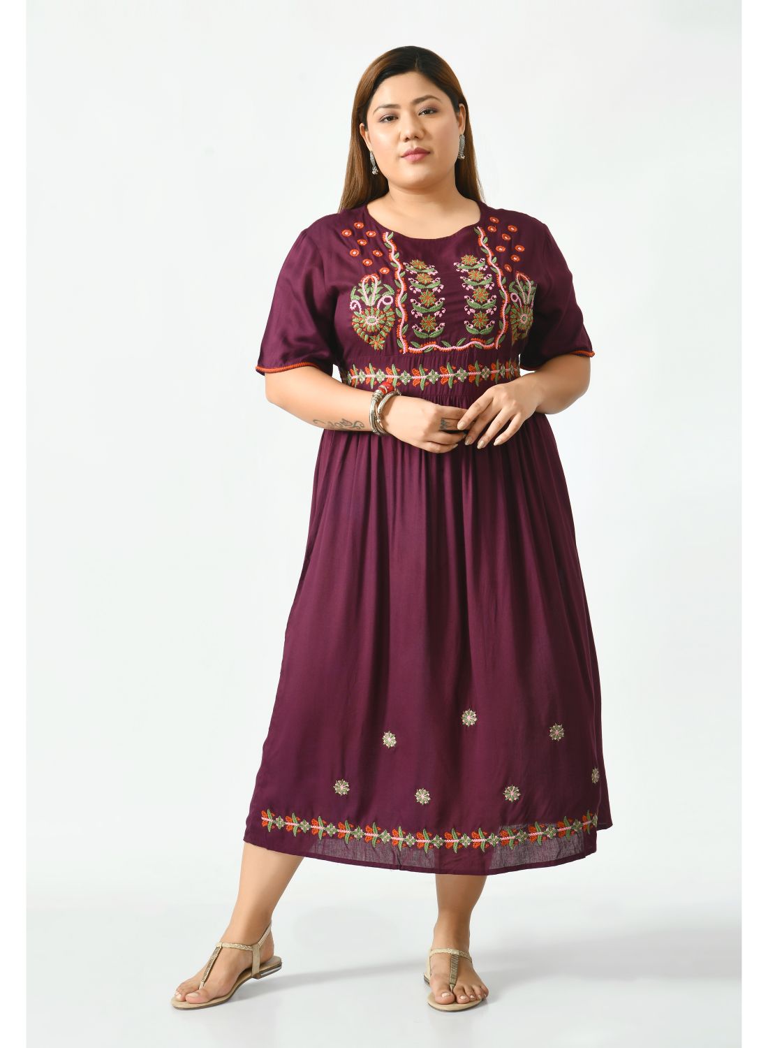 Brown Ethnic Motifs Embroidered A-Line Midi Dress Plus Size