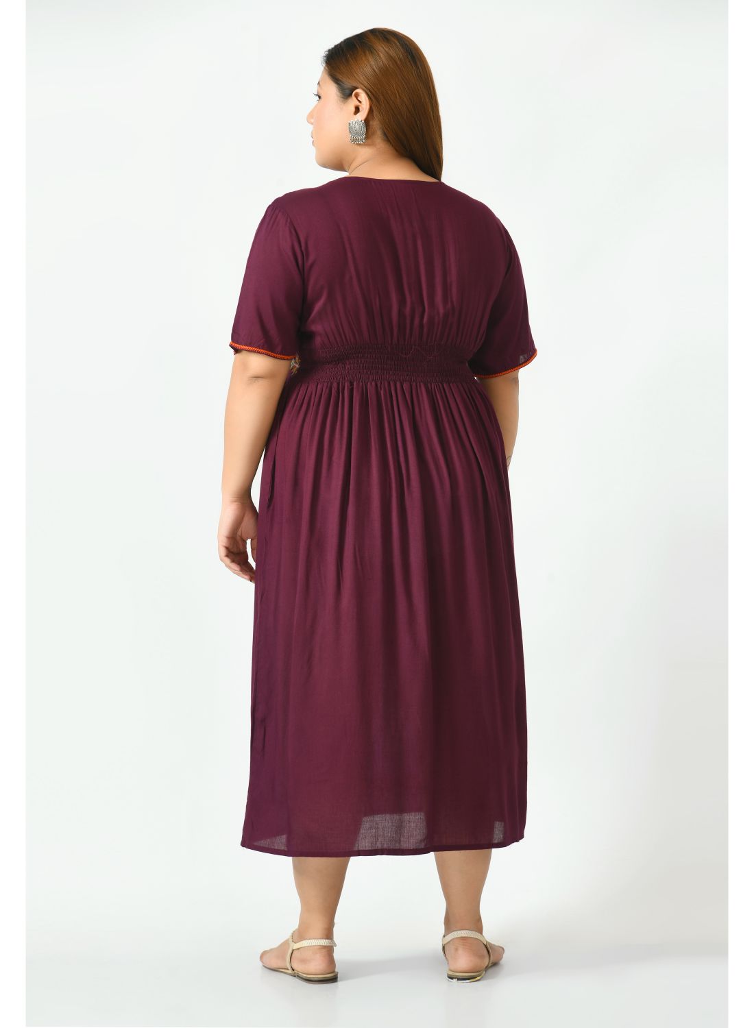 Brown Ethnic Motifs Embroidered A-Line Midi Dress Plus Size