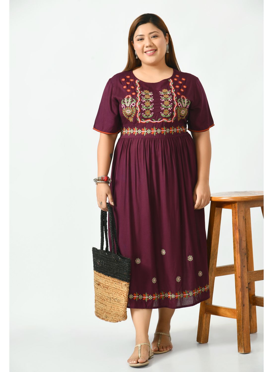 Brown Ethnic Motifs Embroidered A-Line Midi Dress Plus Size