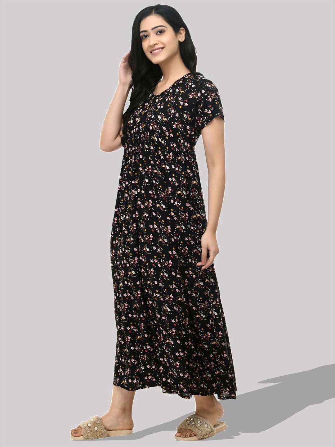Floral Printed Gathered Maxi Empire Dress
