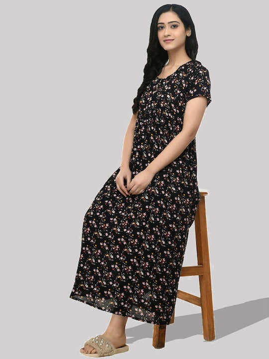 Floral Printed Gathered Maxi Empire Dress