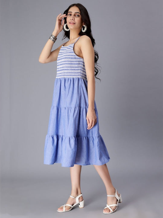 Shoulder Straps Sleeveless Pure Cotton Smocked & Tiered Fit & Flare Dress