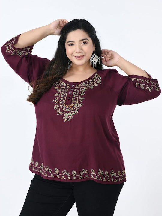 Plus Size Ethnic Motifs Embroidered Top