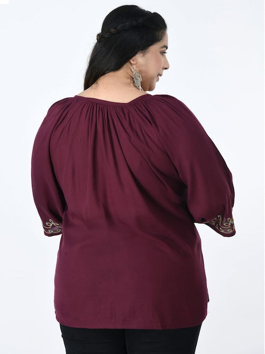 Plus Size Ethnic Motifs Embroidered Top