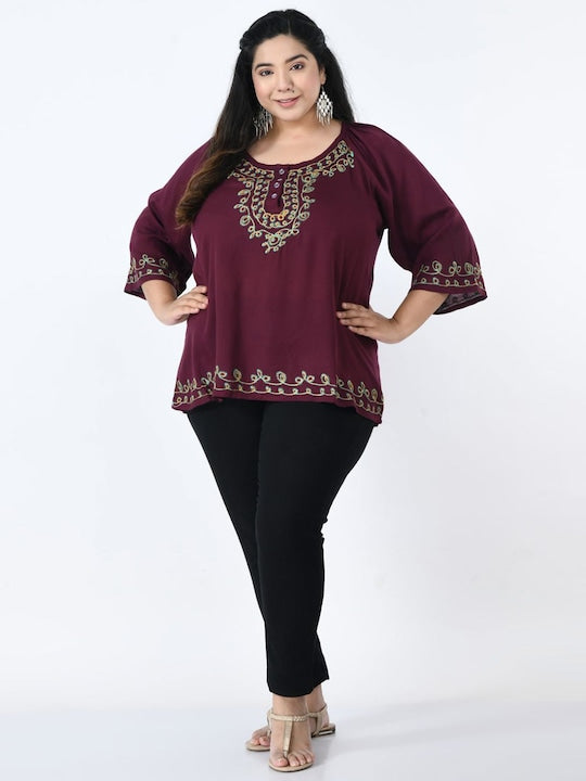 Plus Size Ethnic Motifs Embroidered Top