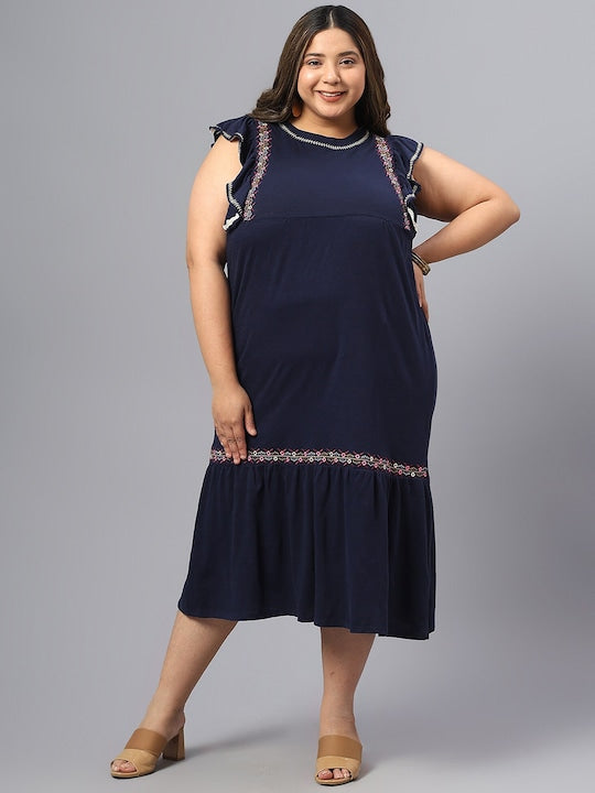 Plus Size Floral Embroidered Sleeveless Ruffles A-Line Midi Dress