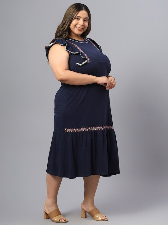 Plus Size Floral Embroidered Sleeveless Ruffles A-Line Midi Dress