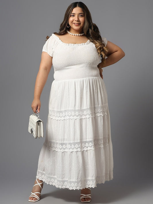 Plus Size Floral Embroidered Square Neck Smocked Tiered Cotton Maxi Dress