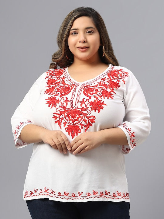 Plus Size Floral Embroidered V-Neck Cotton Top