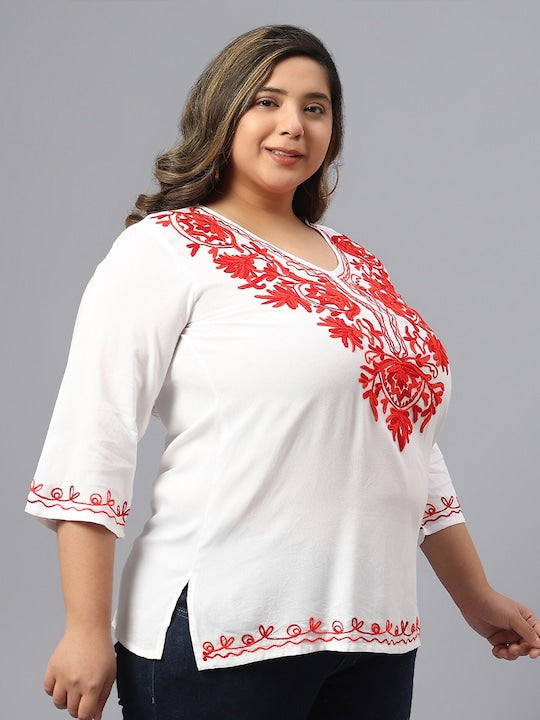 Plus Size Floral Embroidered V-Neck Cotton Top