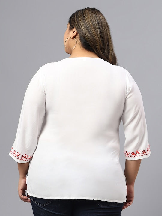 Plus Size Floral Embroidered V-Neck Cotton Top