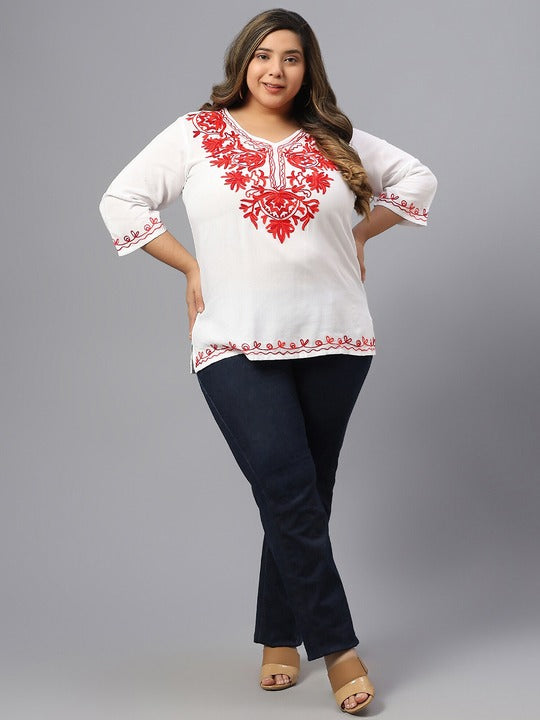 Plus Size Floral Embroidered V-Neck Cotton Top