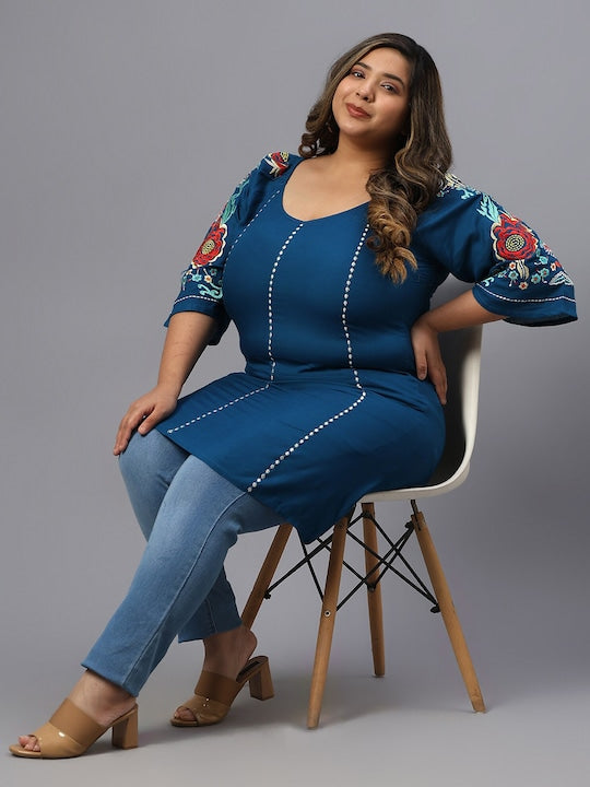 Plus Size Polka Dot Embroidered V-Neck Longline Pure Cotton Top