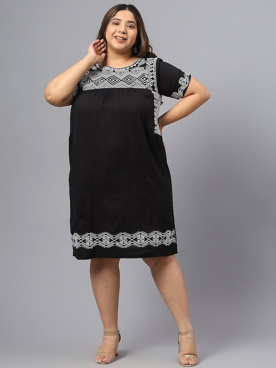 Plus Size Geometric Embroidered Round Neck Gathered Cotton A-Line Dress