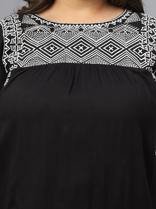 Plus Size Geometric Embroidered Round Neck Gathered Cotton A-Line Dress