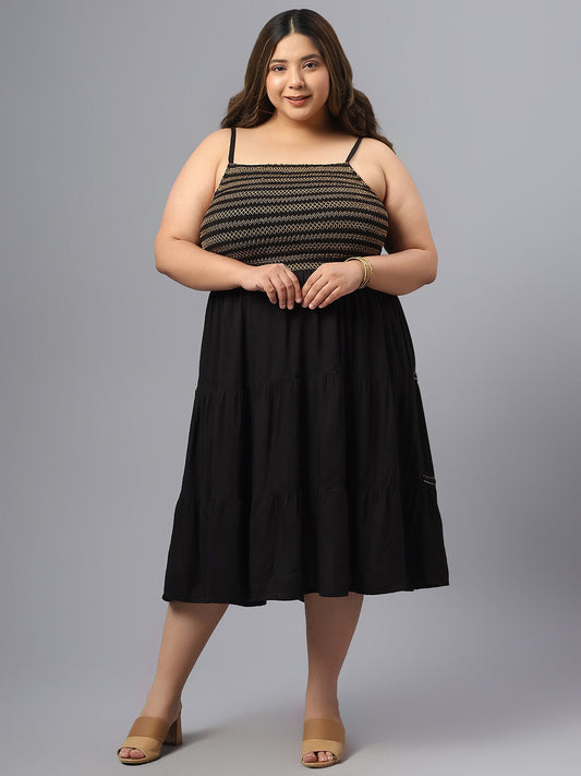 Plus Size Striped Shoulder Straps Gathered Fit & Flare Midi Dress