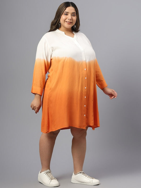 Plus Size Ombre Printed Mandarin Collar Shirt Dress