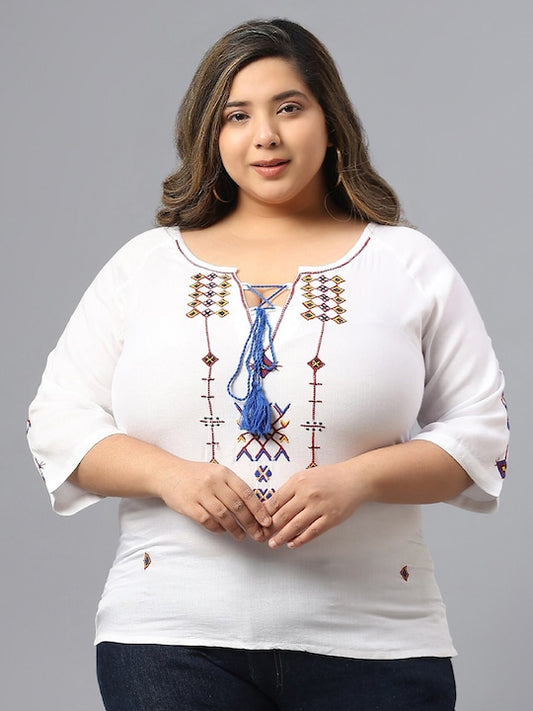 Plus Size Geometric Embroidered Tie-Up Neck Cotton Top