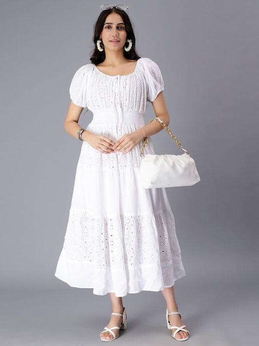 Self Design Puff Sleeves Pure Cotton Tie Up Smocked Schiffli & Tiered Midi Dress