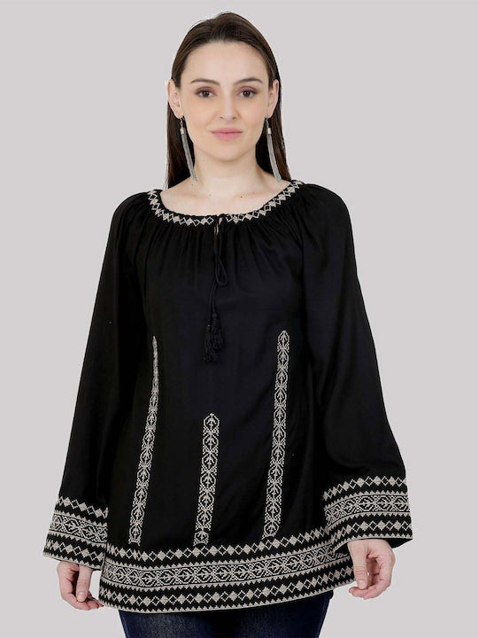 Women Black Embroidered Polyester Tie-Up Neck Top