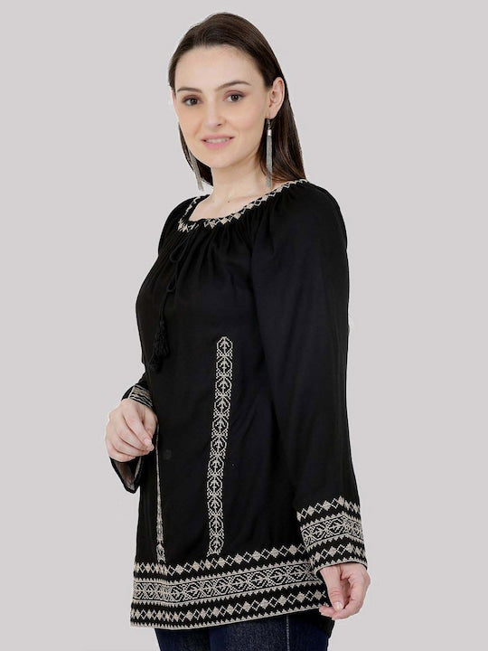 Women Black Embroidered Polyester Tie-Up Neck Top