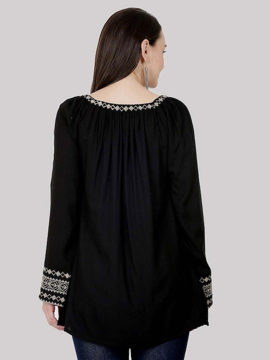 Women Black Embroidered Polyester Tie-Up Neck Top