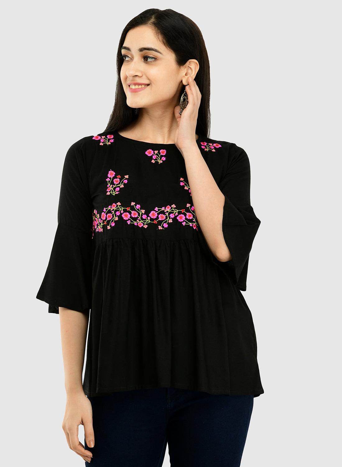 Women Black Top Casual Bell Sleeves Floral Print