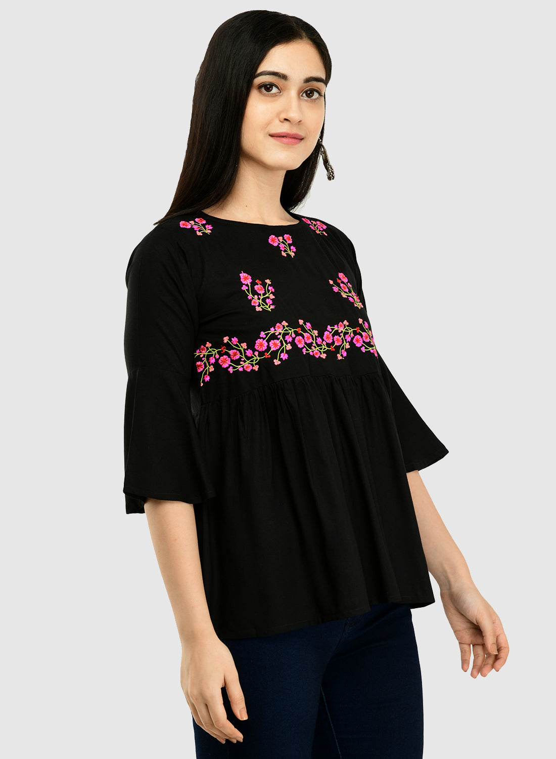 Women Black Top Casual Bell Sleeves Floral Print