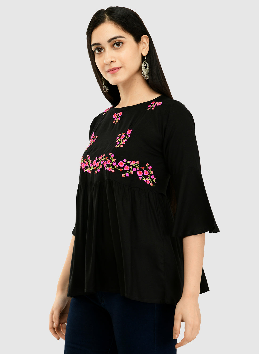 Women Black Top Casual Bell Sleeves Floral Print