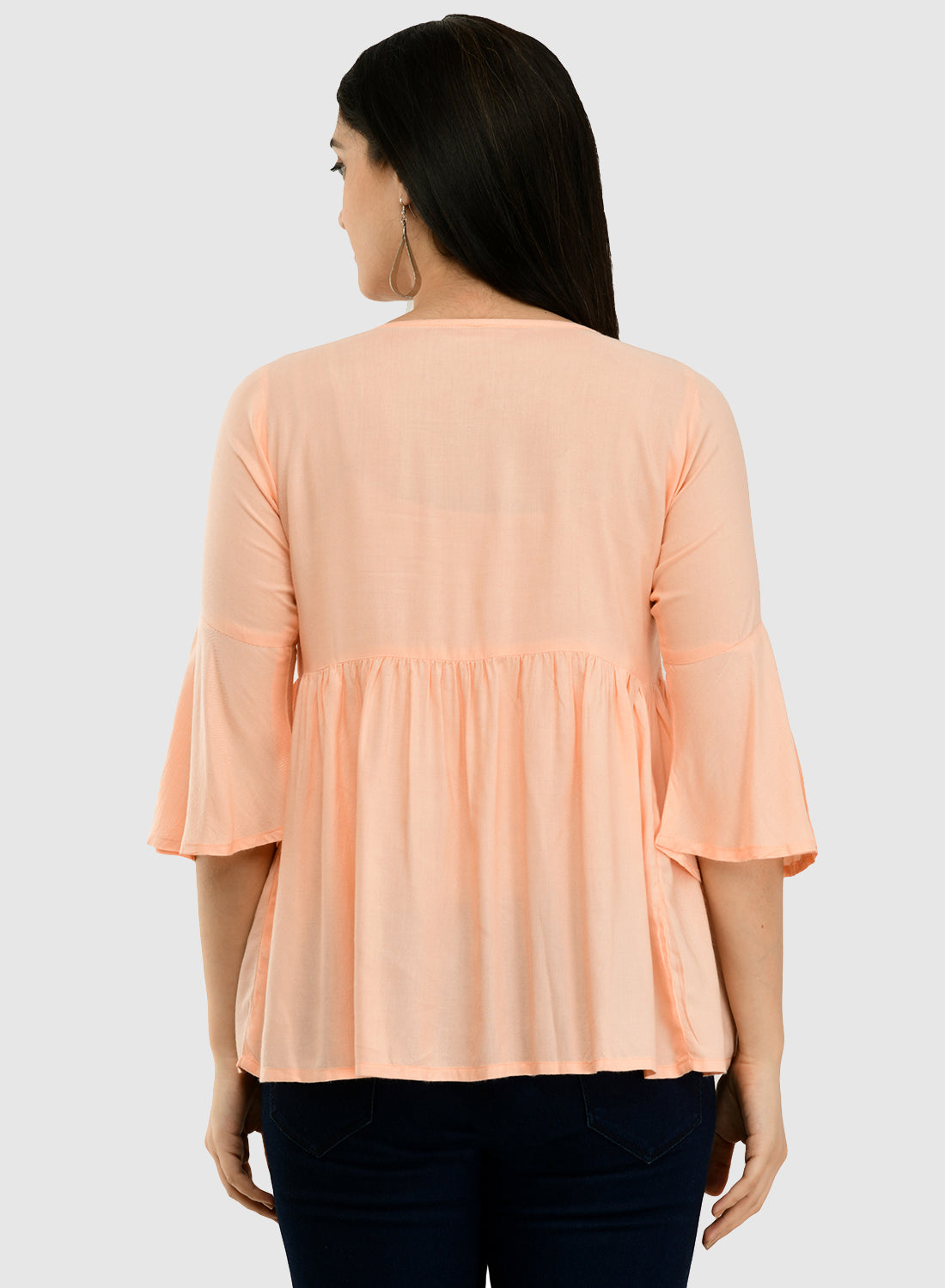 Women Peach Top Casual Bell Sleeves Floral Print