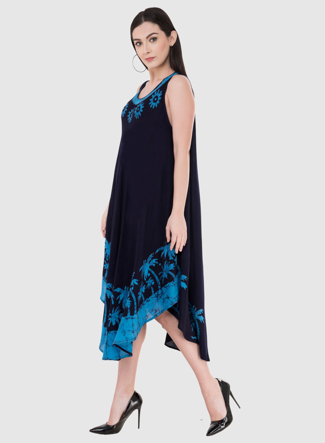Women Dress Blue Aline Rayon Sleeveless Ombre Dye Asymmetric