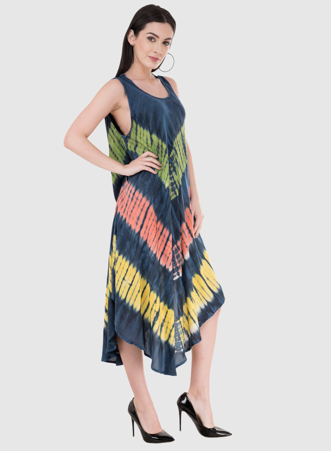 Women Dress Blue Aline Rayon Sleeveless Ombre Dye Asymmetric