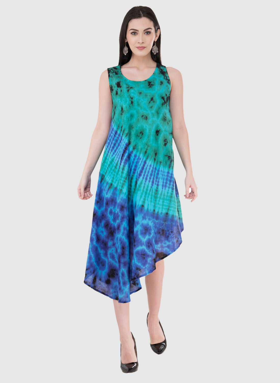 Women Dress Firozi Light Blue Rayon Sleeveless Ombre Dye Asymmetric