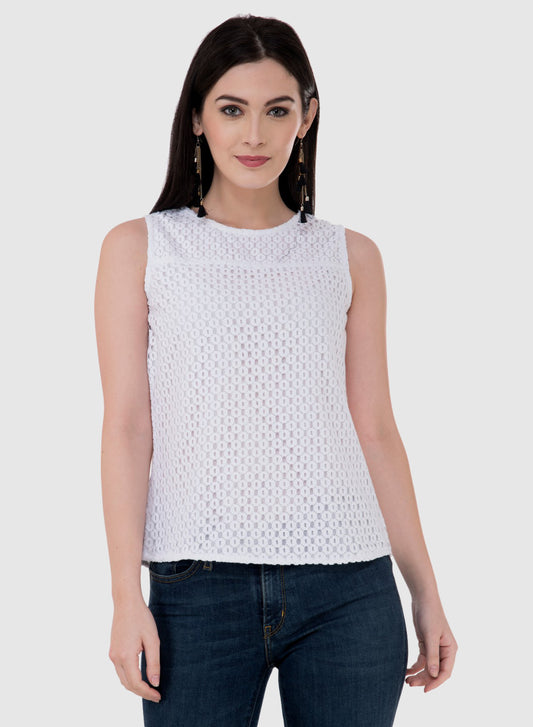 Women Top White Cotton Sleeveless Casual