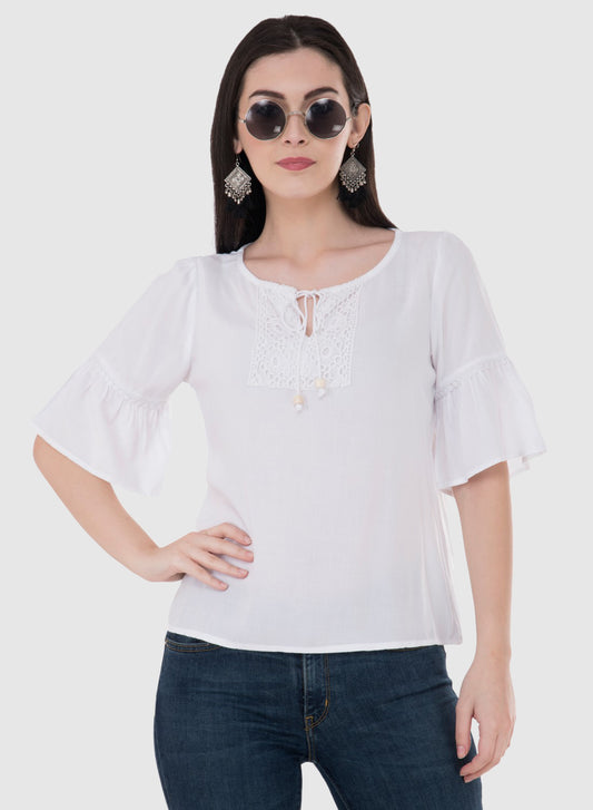 Women Top White Rayon Casual Bell Sleeve Solid