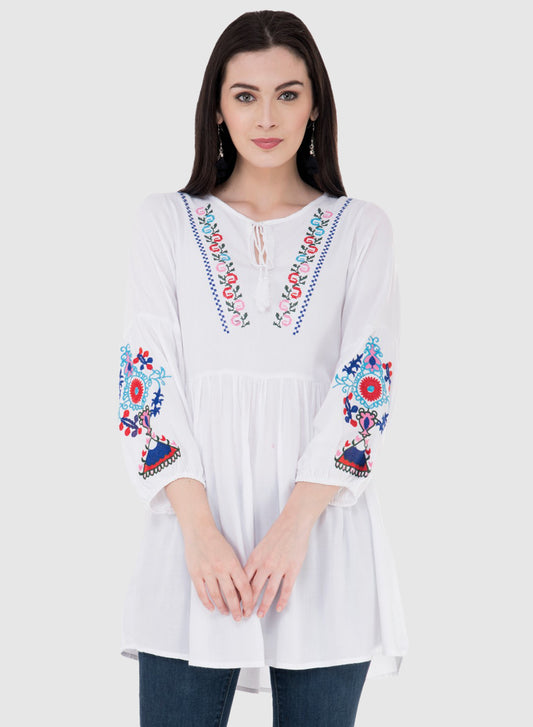 Women Top White Rayon Tunic Casual Puff Sleeve