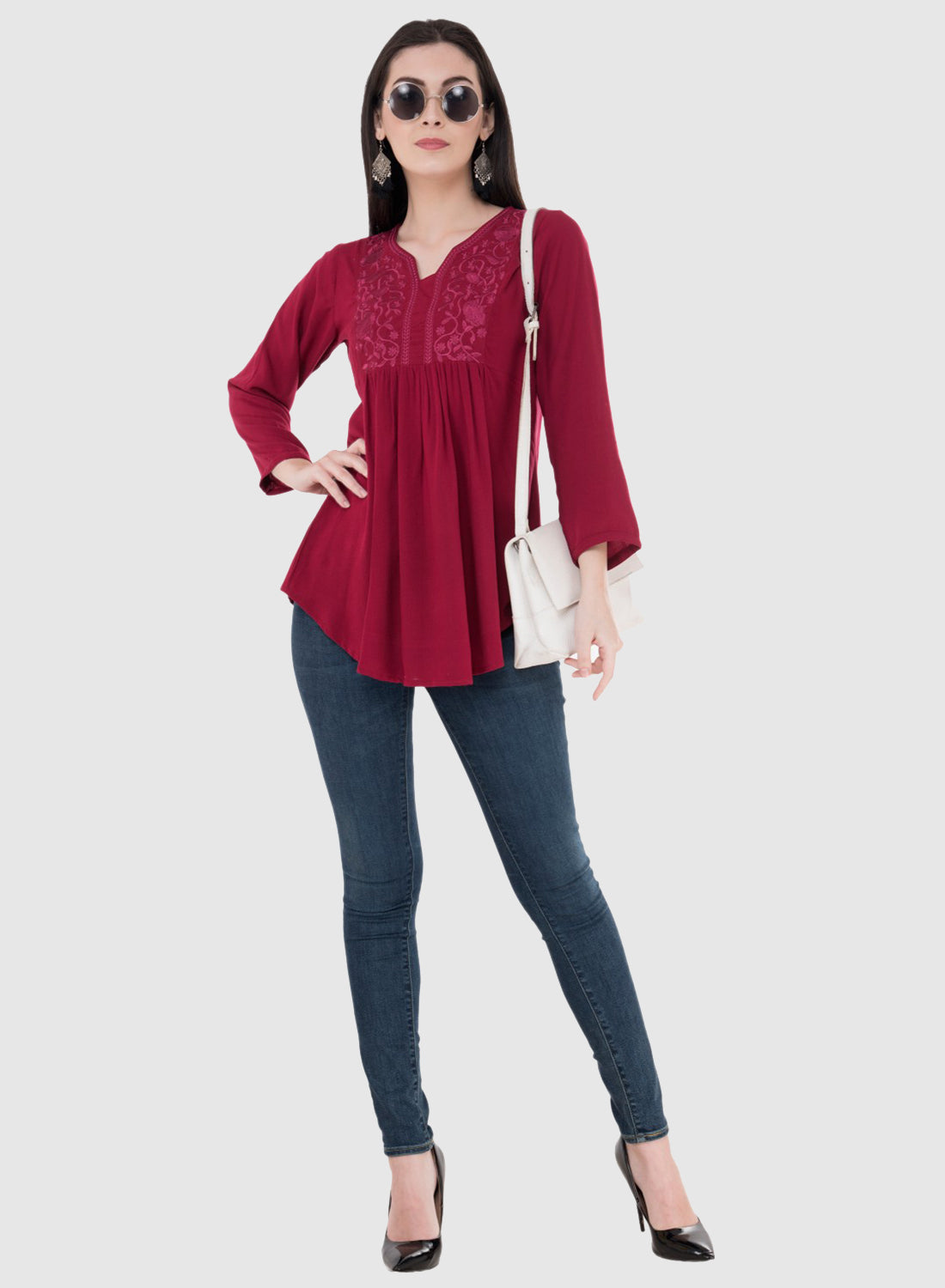 Women Top Maroon Rayon Casual Regular Fit and Flare 3/4 Sleeve