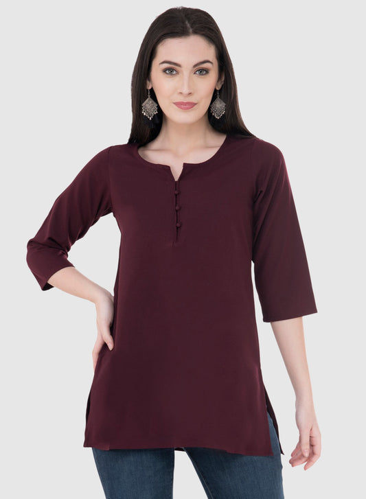 Women Top Wine Brown Rayon Casual Regular Fit Sleeves 3/4 Solid