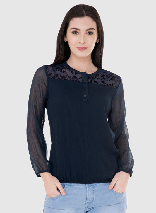 Women Top Blue Navy Blue Chiffon Casual Regular Sleeve Solid