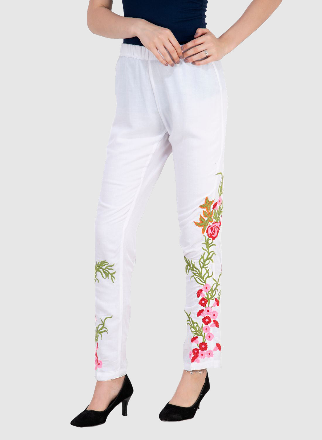 Women Trouser White Regular Fit Rayon