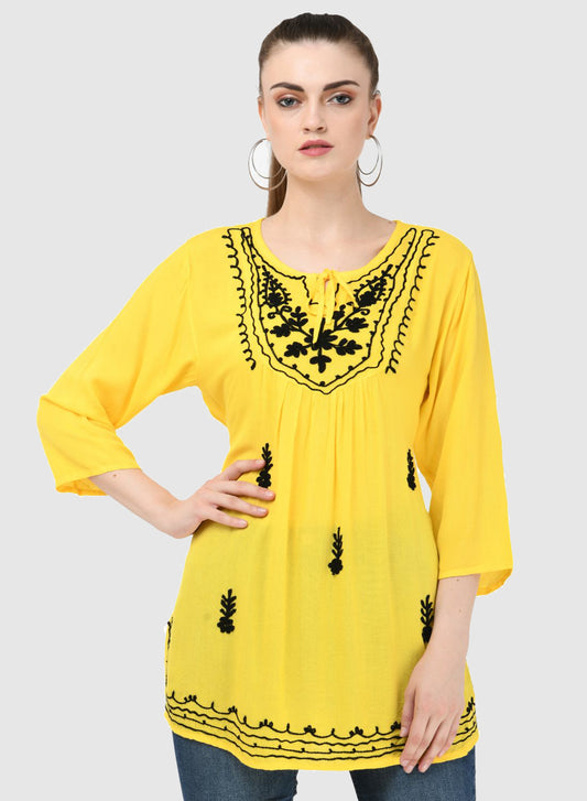 Women Top Yellow Casual Regular Fit and Flare 3/4 Sleeve