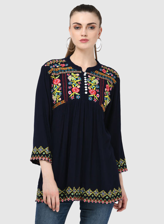 Women Top Blue Party Wear Casual Sleeve Embroidery Work